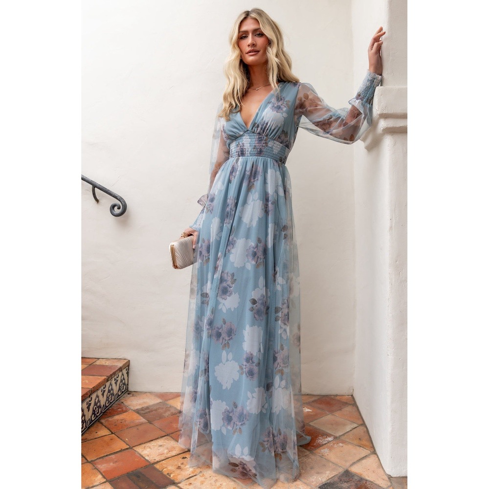 NWT Baltic Born Layla Tulle Maxi Long Sleeve V-Neck Dress Light Blue Floral XL